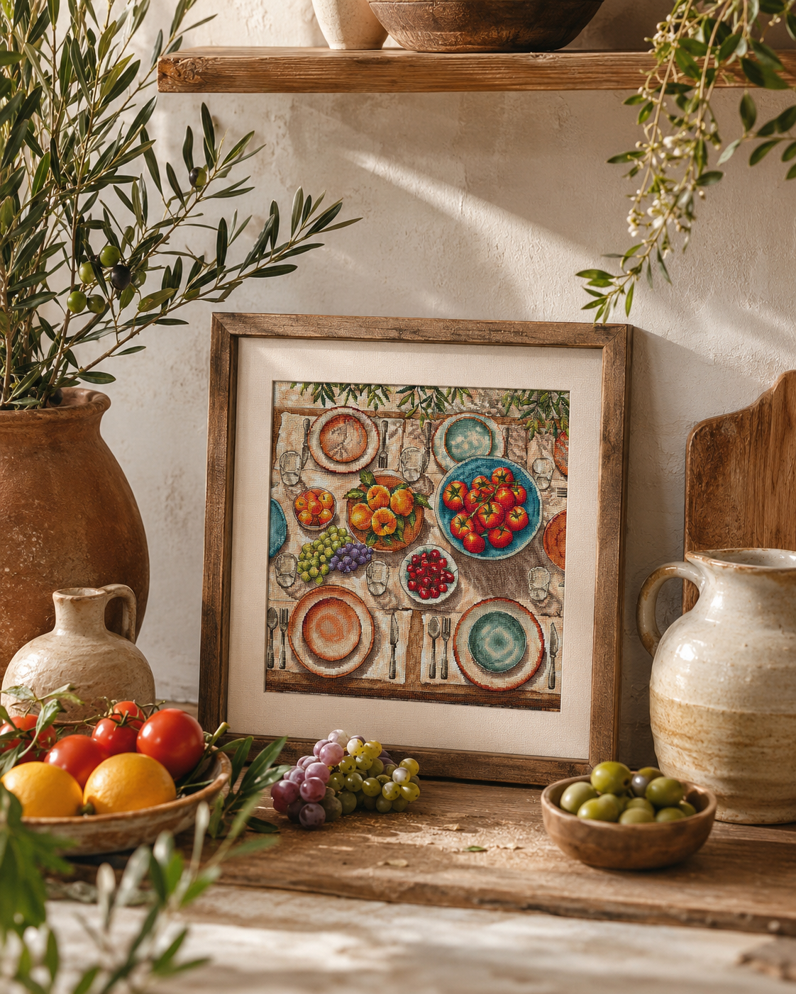 Mediterranean Table Cross Stitch Kit – Advanced Aerial Still Life | AVA Stitch