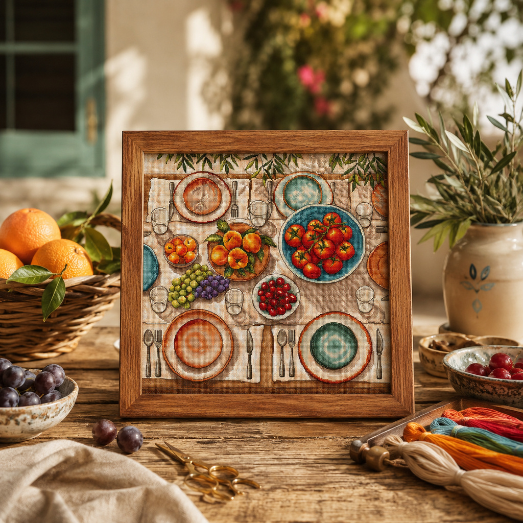 Mediterranean Table Cross Stitch Kit – Advanced Aerial Still Life | AVA Stitch