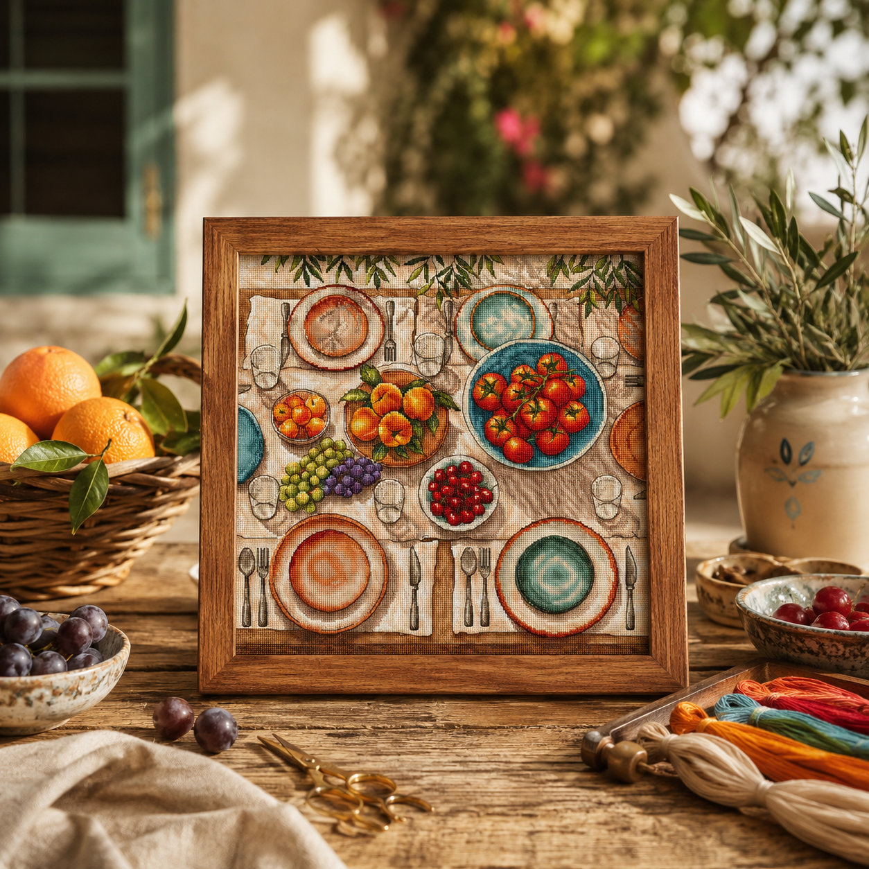 Mediterranean Table Cross Stitch Kit – Advanced Aerial Still Life | AVA Stitch
