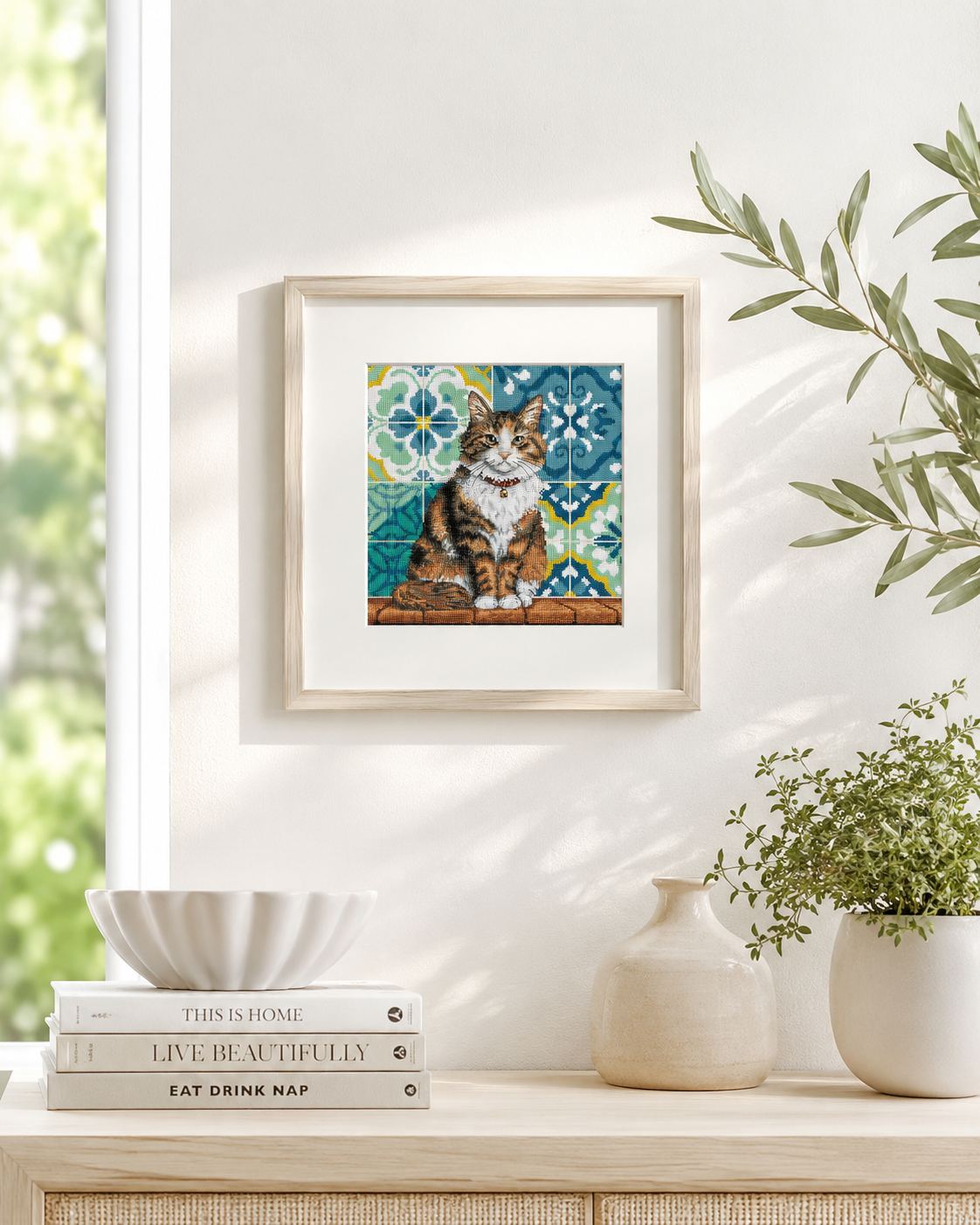 Cat in the Yard Cross Stitch Kit – Tabby Cat & Mediterranean Tiles | AVA Stitch