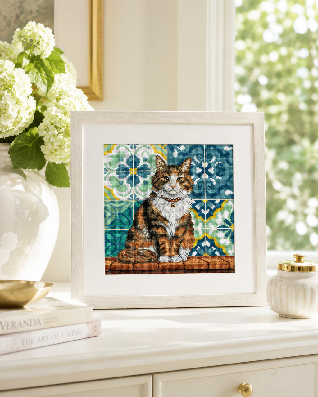 Cat in the Yard Cross Stitch Kit – Tabby Cat & Mediterranean Tiles | AVA Stitch