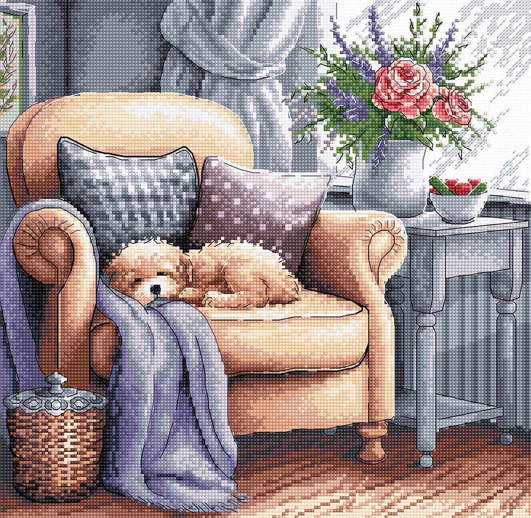 Sweet Dreams Cross Stitch Kit – Sleeping Puppy Home Scene | AVA Stitch P053