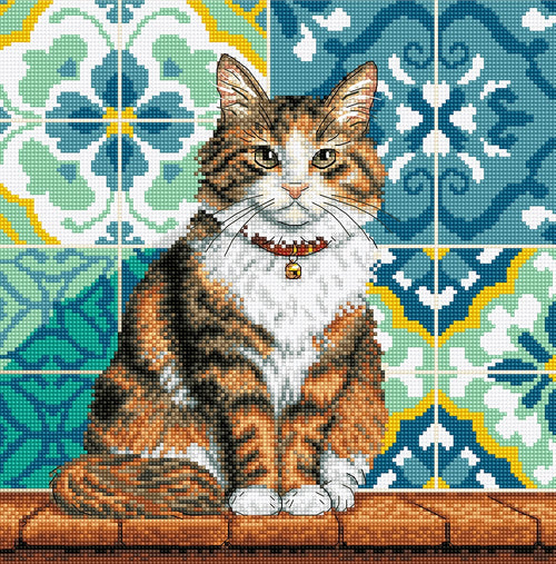 Cat in the Yard Cross Stitch Kit – Tabby Cat & Mediterranean Tiles | AVA Stitch
