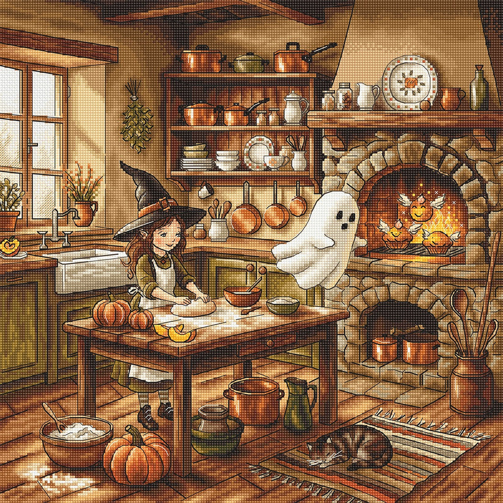 Autumn Magic Kitchen Cross Stitch Kit – Halloween Witch & Ghost Design | AVA Stitch P105