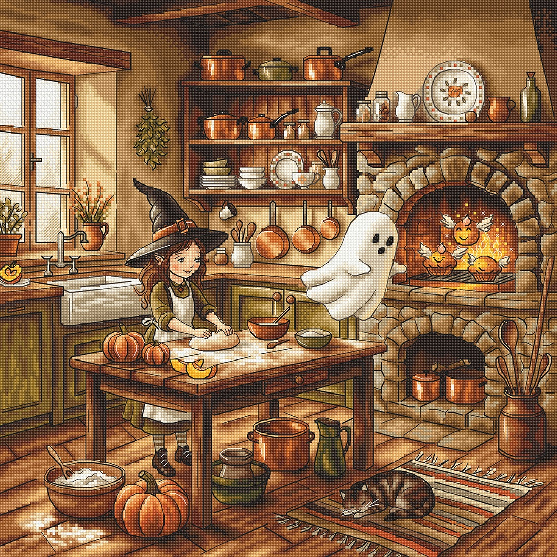 Autumn Magic Kitchen Cross Stitch Kit – Halloween Witch & Ghost Design | AVA Stitch P105