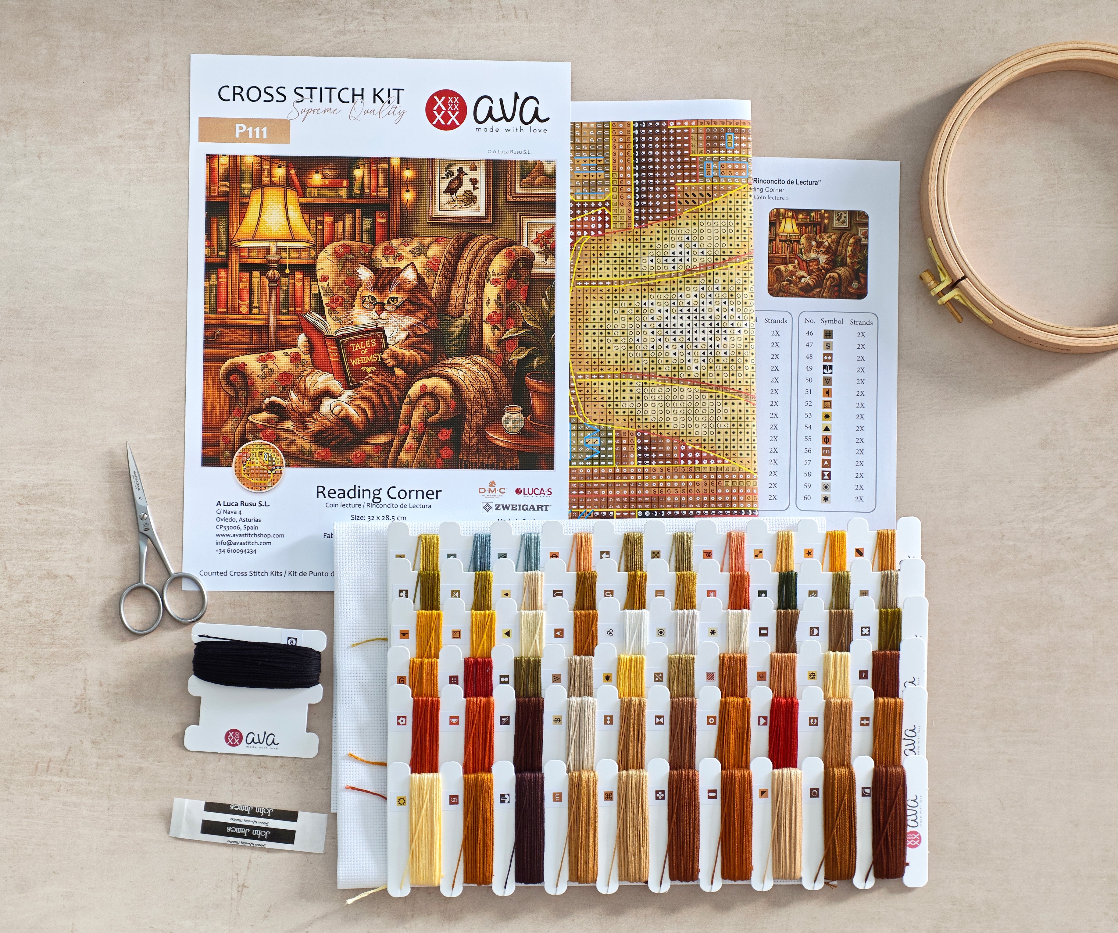Reading Corner Cross Stitch Kit – Cosy Cat & Library Scene | AVA Stitch P111