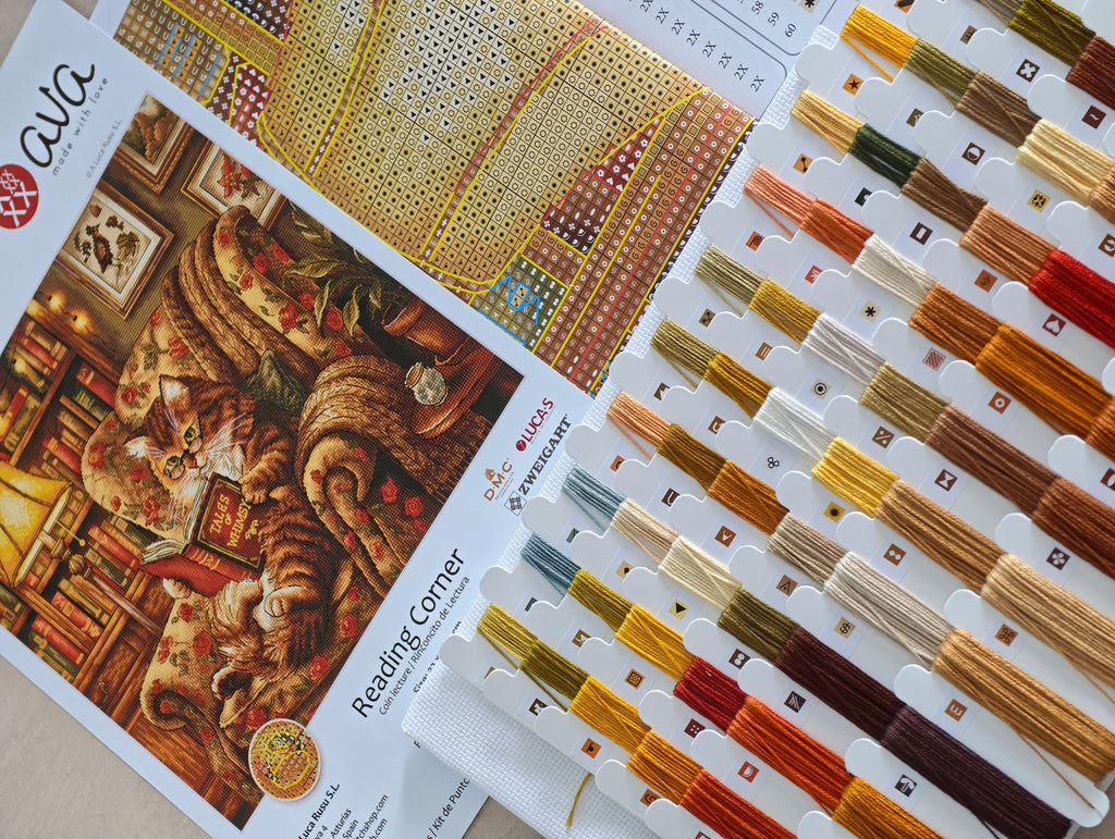 Reading Corner Cross Stitch Kit – Cosy Cat & Library Scene | AVA Stitch P111