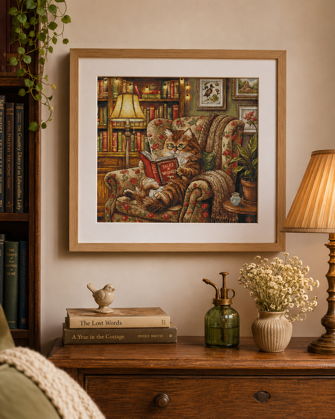 Reading Corner Cross Stitch Kit – Cosy Cat & Library Scene | AVA Stitch P111