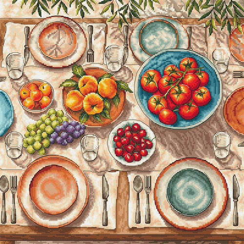 Mediterranean Table Cross Stitch Kit – Advanced Aerial Still Life | AVA Stitch
