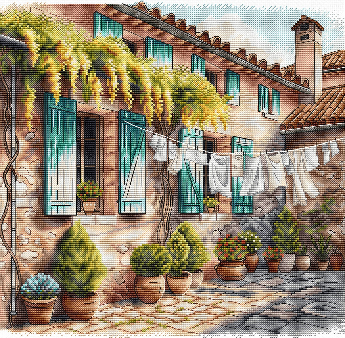P054 The Patio with Flowerpots – Mediterranean Courtyard Cross Stitch Kit | AVA Stitch