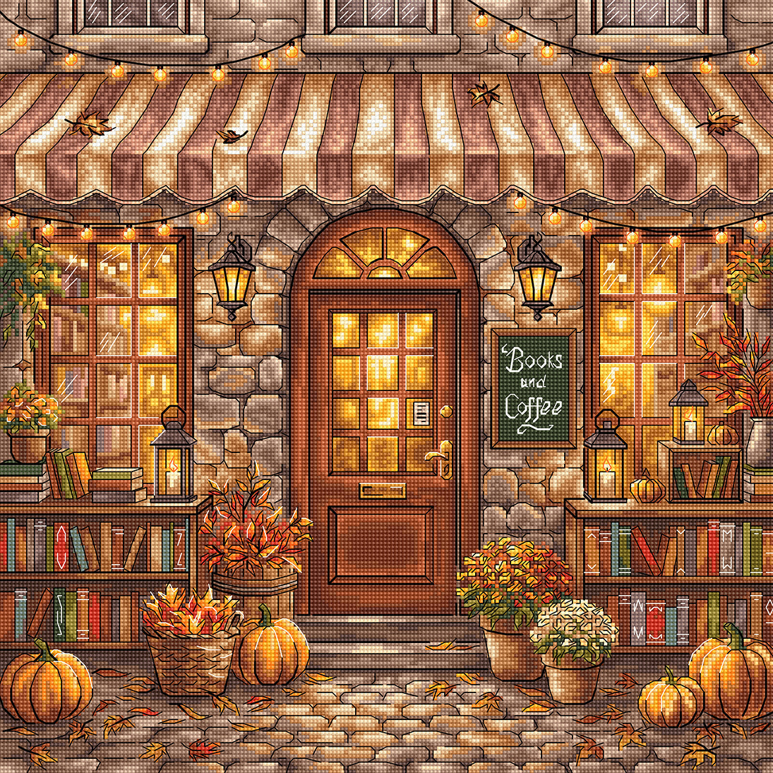 P130 Books and Coffee – Autumn Bookshop Cross Stitch Kit | AVA Stitch